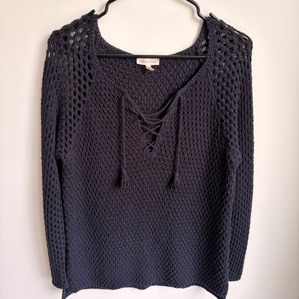 Rebecca Taylor Sweater Medium Boho Navy Blue Lace Up Crochet Open Knit Tassel